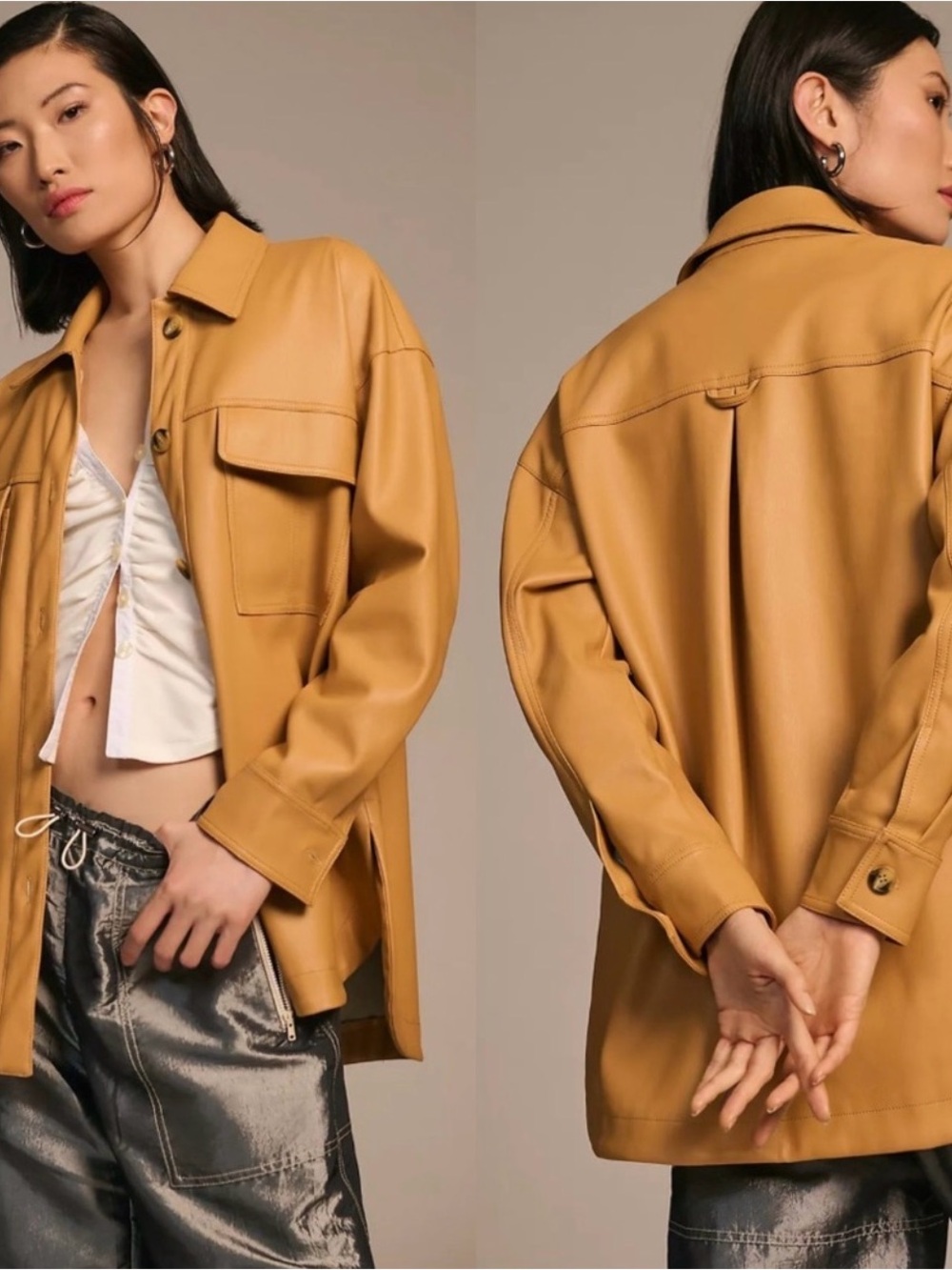 Maeve by Anthropologie Faux Leather Shirt Jacket Tan Camel Oversized Shacket S